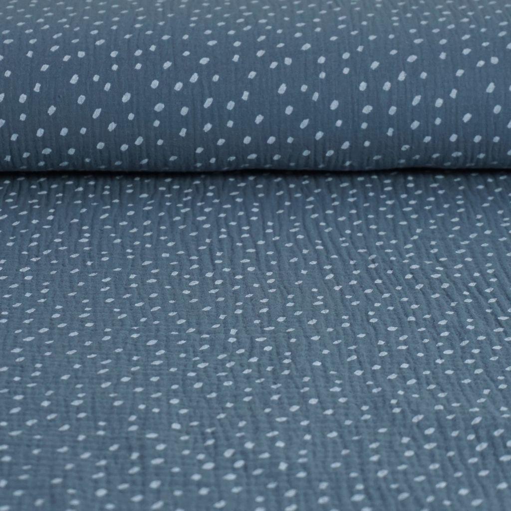 Musselin Double Gauze weiße Tupfen auf stahlblau
